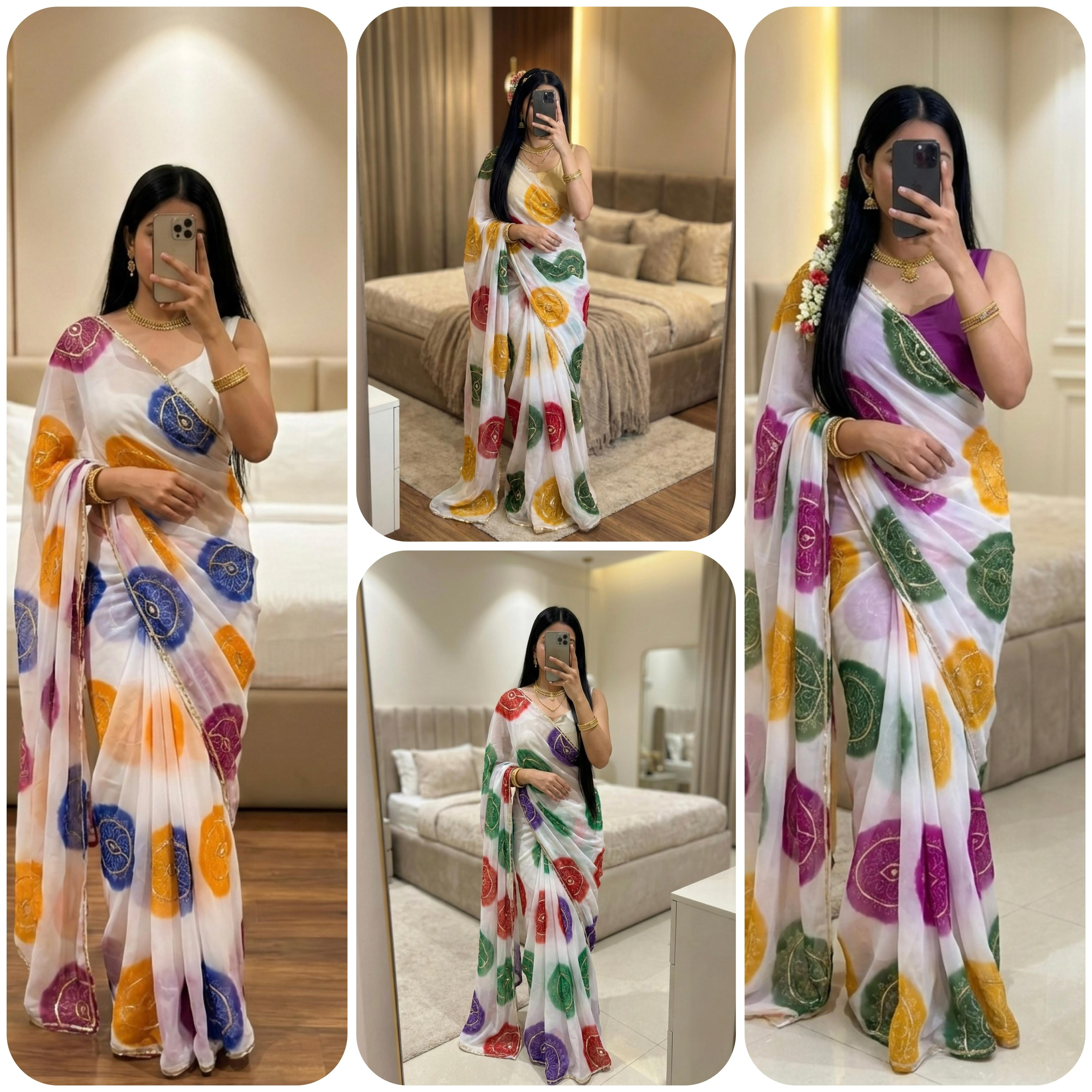 Premium Royal Georgette Rajputi Faag Saree with Gotta Patti Work