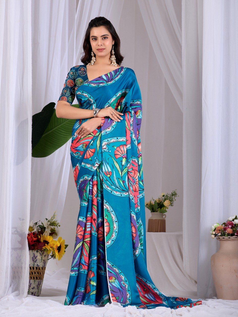 Elegant Teal Blue Floral Print Satin Georgette Saree with Blouse