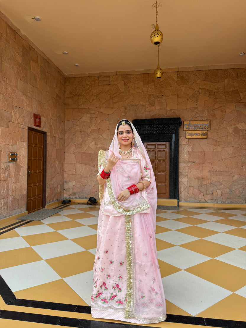 Gulabi Nazakat Rajputi Poshak- Light Tissue Suit With Hamrahi Odhna