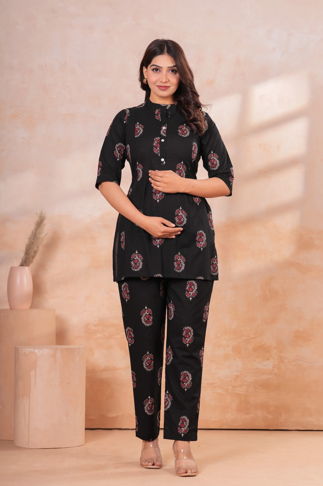Black Floral Maternity & Feeding Kurta Pant Co-Ord Set
