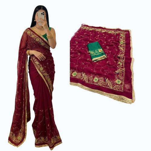 Premium Royal Georgette Rajputi Saree with Elegant Sequence Work