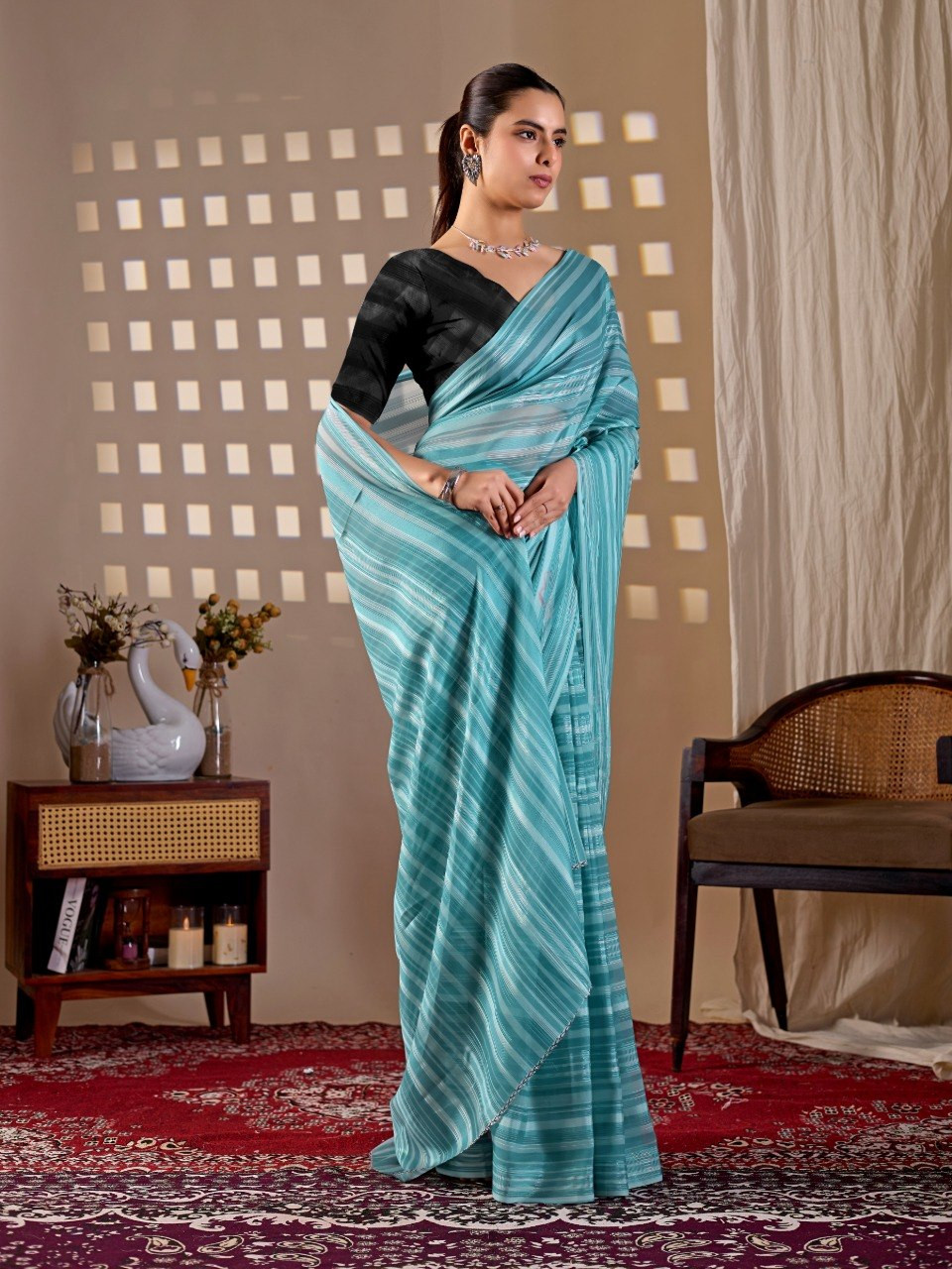 Aqua Blue Monsoon Saree - Elegant Stripe Design | Premium Silk Blend