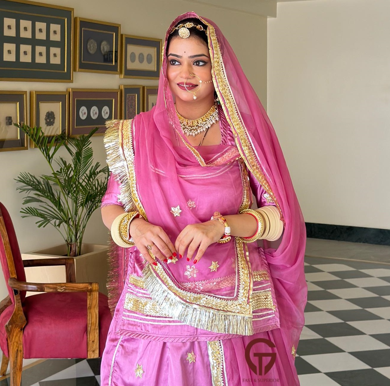 HEAVY BRANDED SATAN PINK SHADED WITH HUMRAHI PURE  SUIT  POSHAK