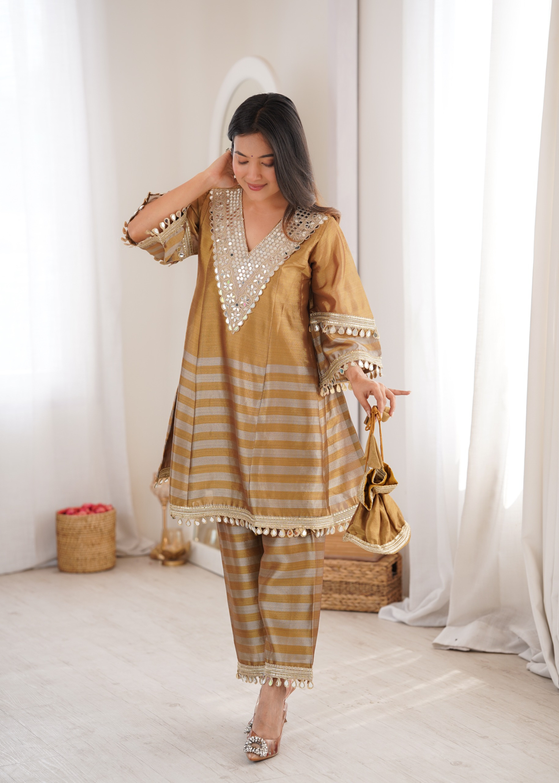 Elegant Two-Tone Tissue Top Bottom Set with Batwa & Mirror Work for Women