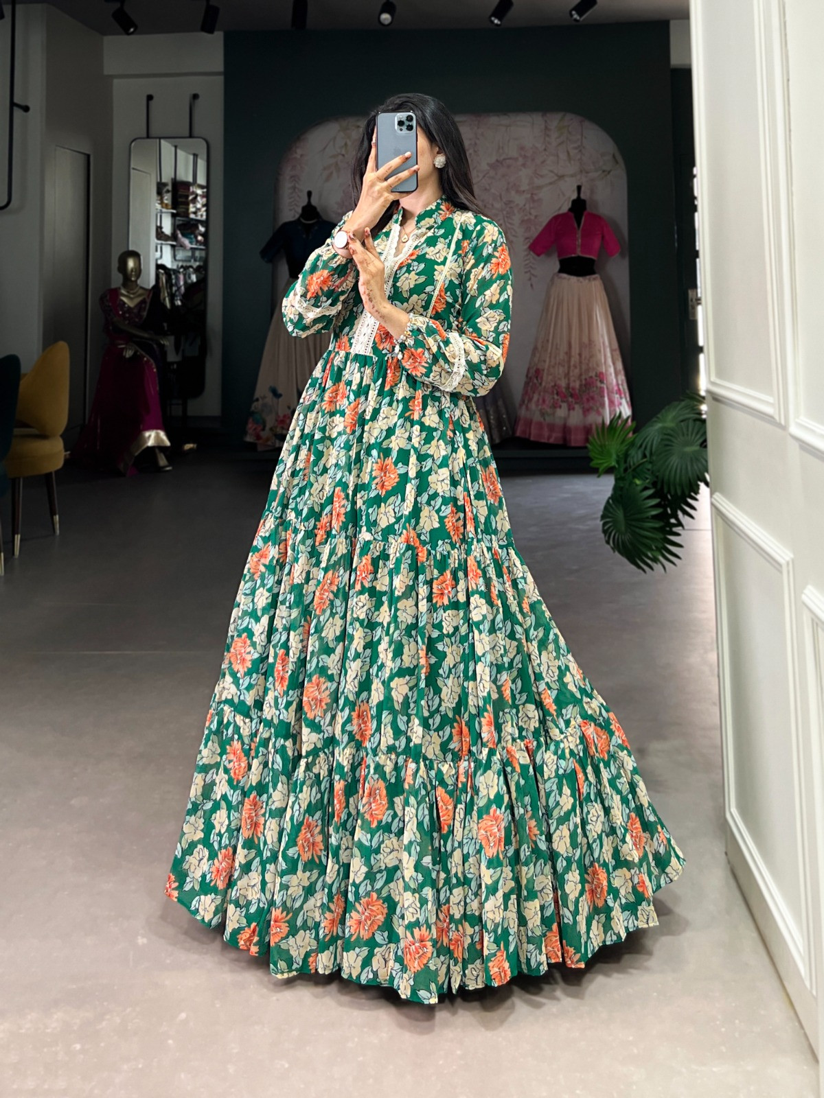 Cotton twirl in triple layer floral gown for women