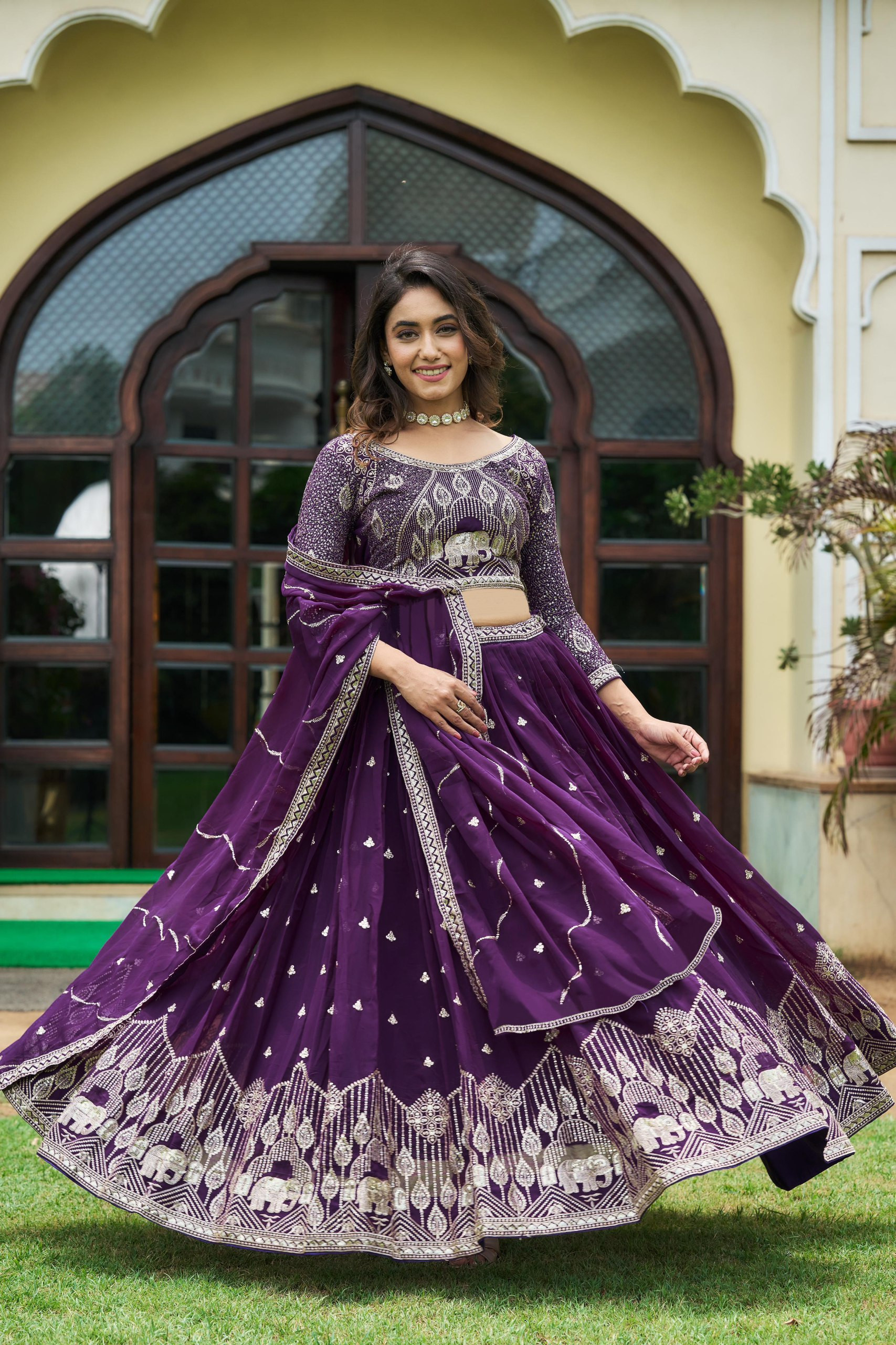Embellished Purple Semi-Stitched Georgette Lehenga Choli with Dupatta – Zari & Sequin Work