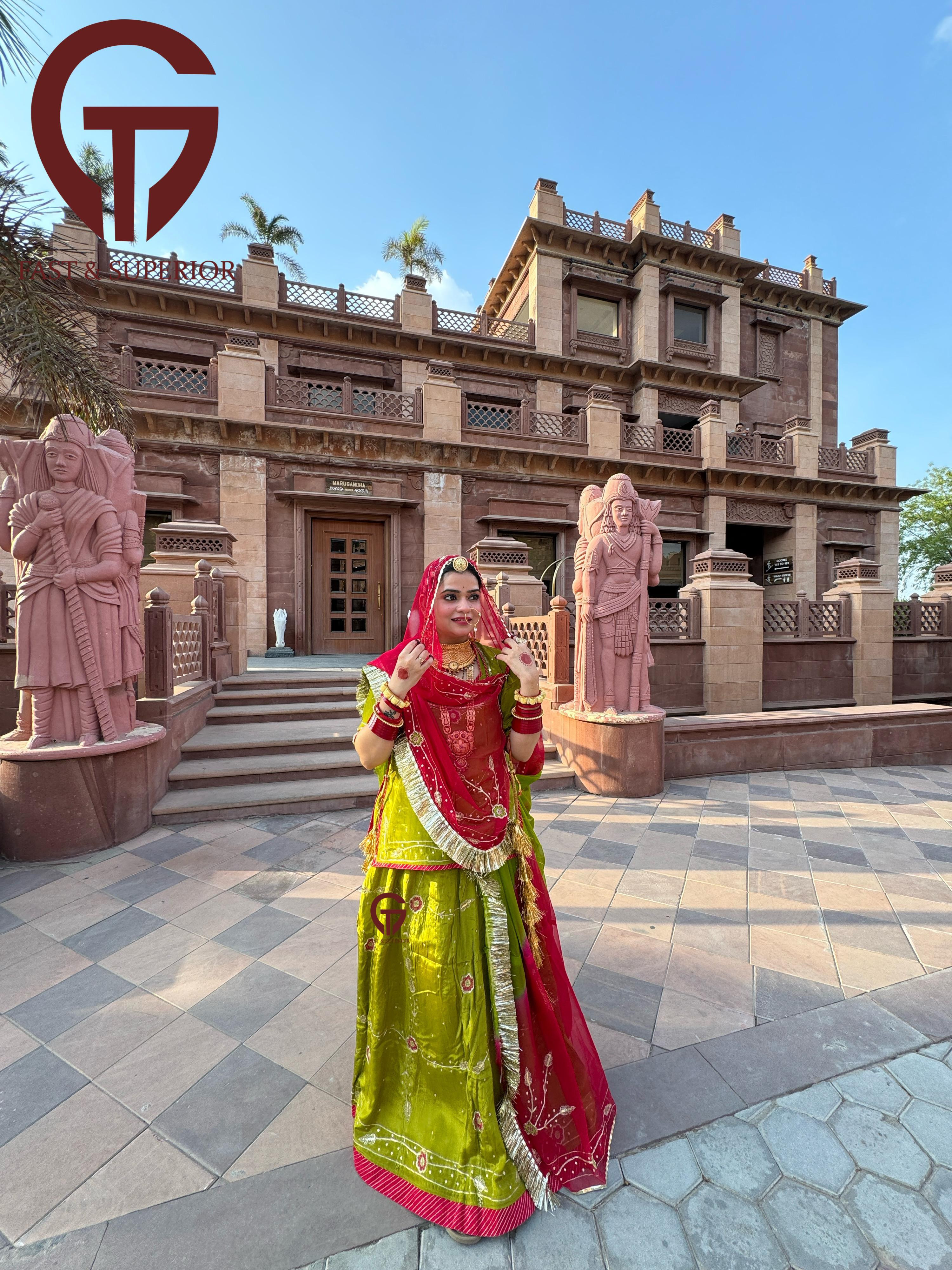 Red Mehandi Multi Coloured Branded Natural Crepe Humrahi Rajputi Poshak