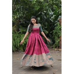 Women's Pink Woven Jacquard Anarkali Gown – Stitched, Half Sleeve, Full Flair